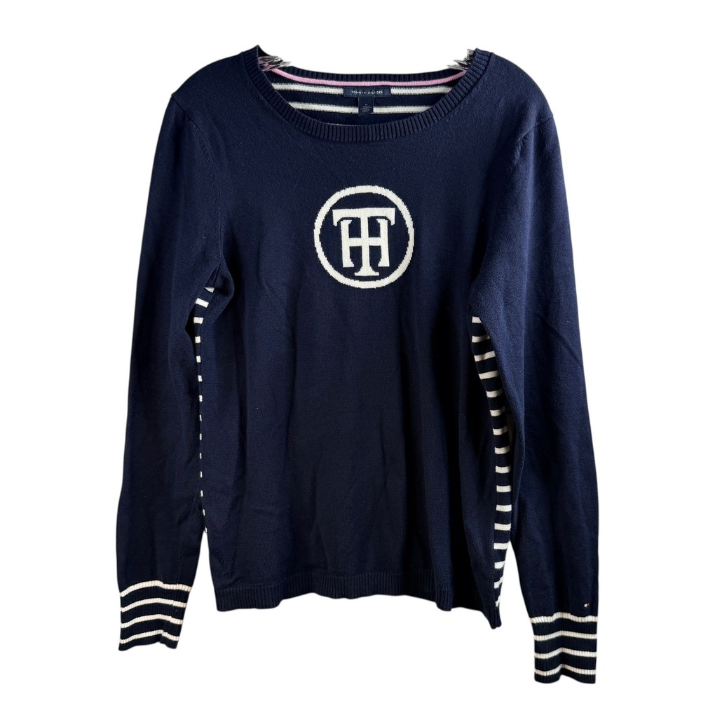 Tommy Hilfiger Navy Knit Sweater M Womens Long Sleeve Striped TH Logo Preppy